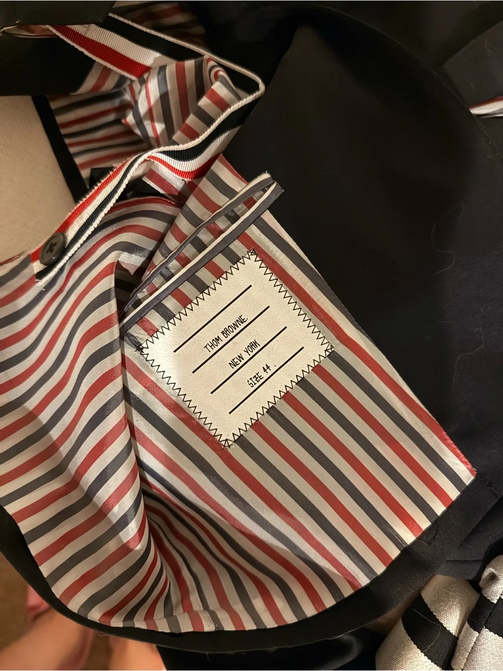 Thom Browne Navy Wool Blazer with White Sleeve Stripes